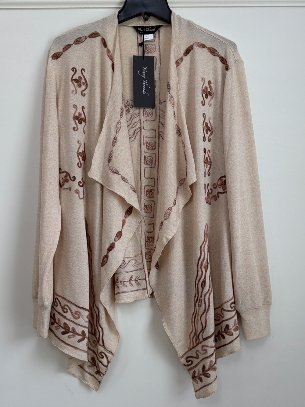 Young Threads Cream Aari Embroidered Boho Kimono Shrug S NWT